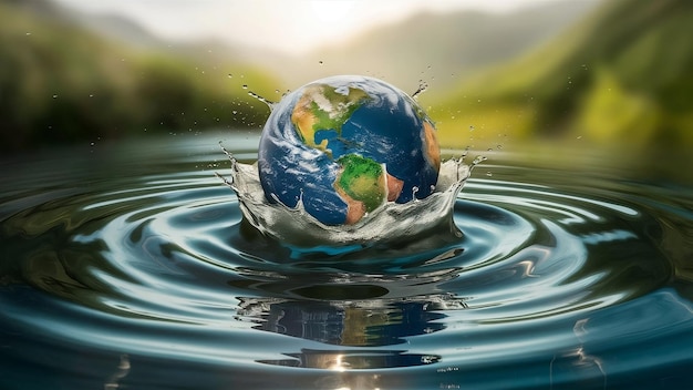 A stunning globe symbolizing our Earth as it seemingly splashes into a serene water body