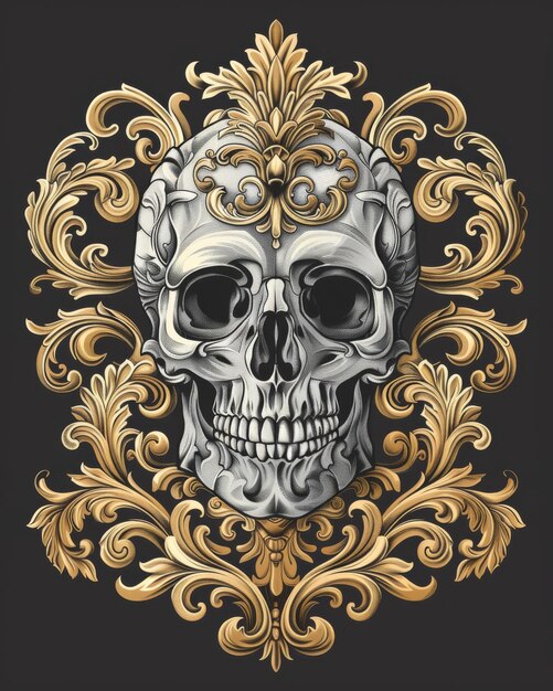 Photo a stunning gold and silver skull with intricate baroque floral patterns on a dark background