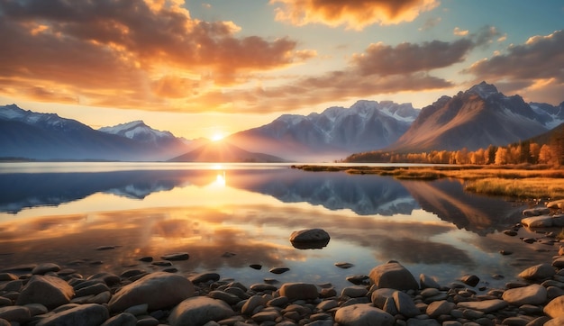 A stunning golden hour image of a peaceful lake majestic mountains and a vibrant sky