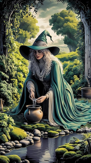 stunning graphic novelstyle illustration featuring a beautiful herbal witch in a medieval herb