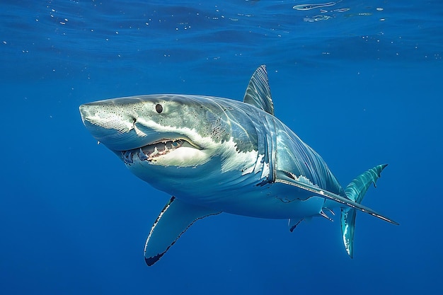 Stunning great white shark in the deep blue ocean swimming gracefully against a clear blue sky back