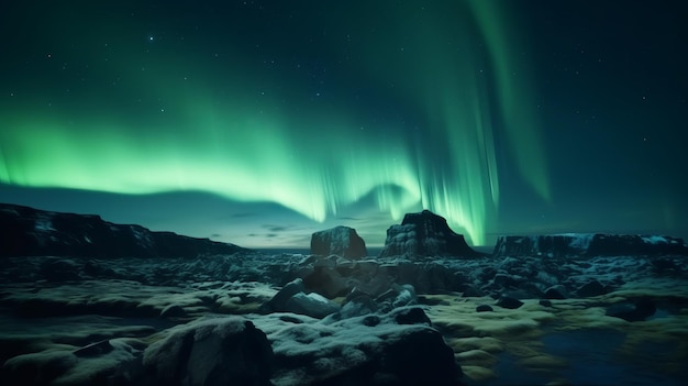 Stunning Green Aurora Lights over Rocky Landscape