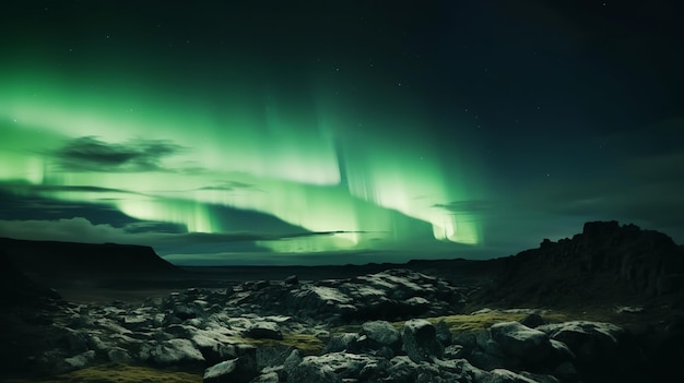 Stunning Green Aurora Lights over Rocky Landscape