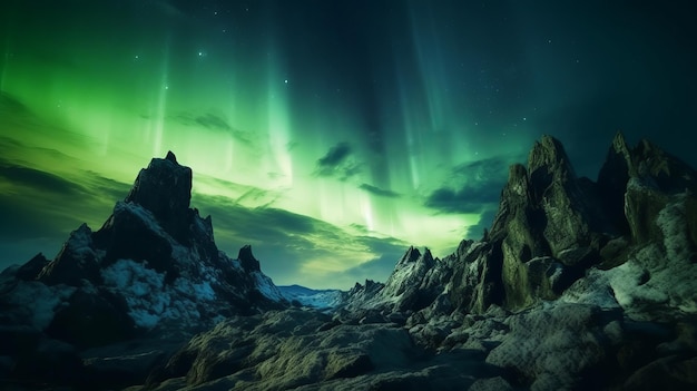 Stunning Green Aurora Lights over Rocky Landscape