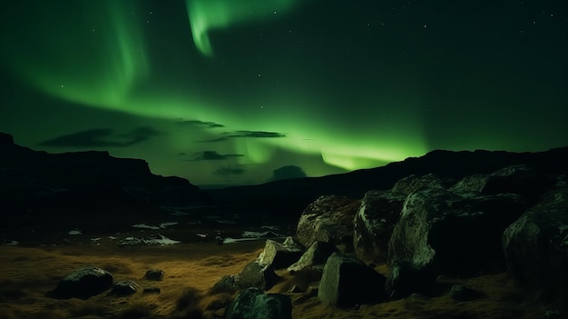 Stunning Green Aurora Lights over Rocky Landscape