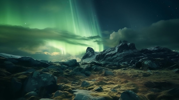 Stunning Green Aurora Lights over Rocky Landscape