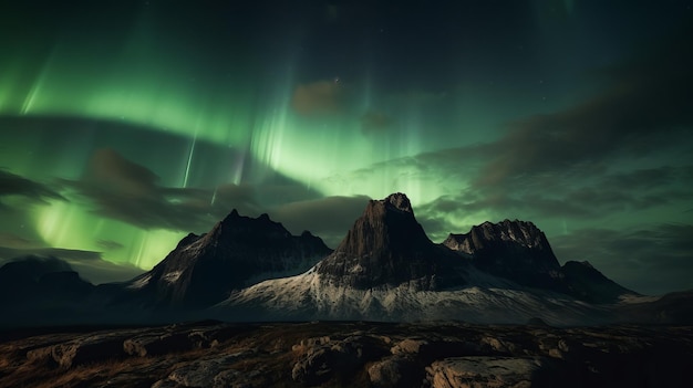 Stunning Green Aurora Lights over Rocky Landscape