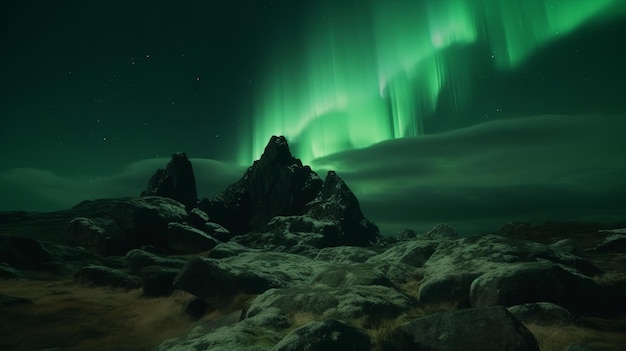 Stunning Green Aurora Lights over Rocky Landscape