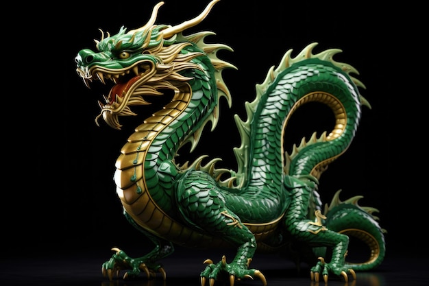 A stunning green and gold dragon statue placed on a sleek black surface Perfect for adding a touch of mythical charm to any setting