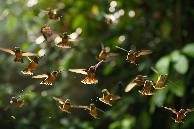 Photo a stunning group of hummingbirds in flight illuminated by natural sunlight