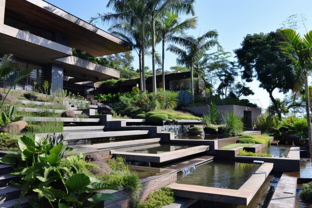 A stunning house surrounded by numerous vibrant plants on multiple terraces Multilevel terraces with lush greenery and water features