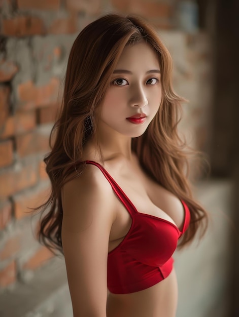 Stunning hyperdetailed portrait of stylish Thai girl in a red dress with long wavy hair