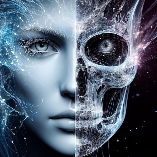 A stunning illustration of an ethereal neural network organism half of the face is robotic skeleton