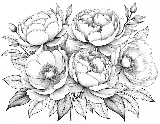 Photo a stunning illustration showcases an intricate arrangement of peonies with lush leaves capturing the beauty of nature in a monochromatic design perfect for decoration or art projects generative ai