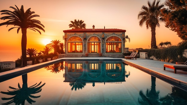 A stunning image of an elegant seaside villa rental with a beautifully designed pool area capturing the magic of a summer sunset