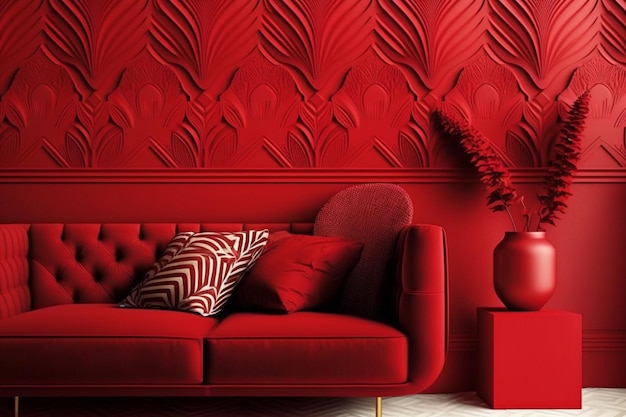 A stunning image of a living room with red Pantone decor and statement furniture