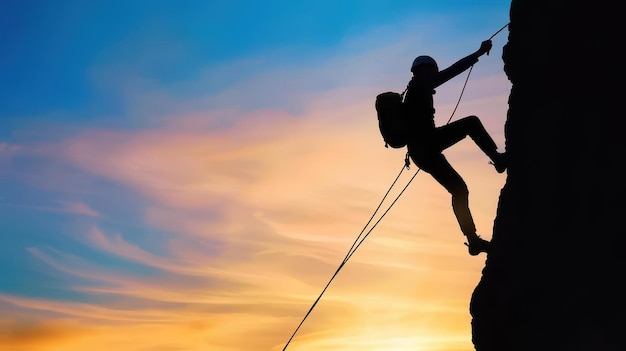 Stunning image a man climbing a mountain at sunset showcasing perseverance and determination