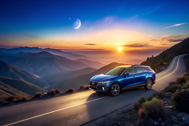 A stunning image of the rear view of a sleek modern car parked by the side of a winding mountain r