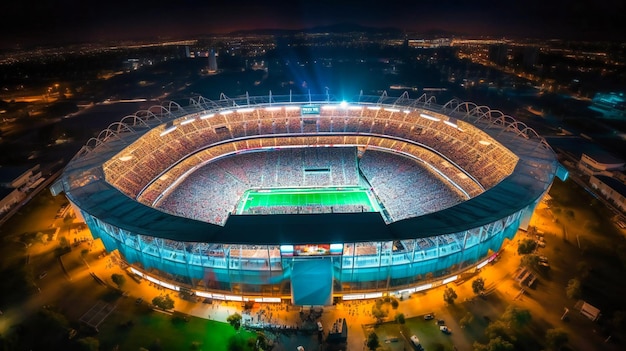 A stunning image of a sports stadium lit up with bright lights during a night game