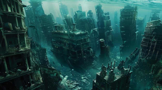 A stunning image of a submerged abandoned cityscape depicting the eerie beauty of underwater ruins and forgotten civilization