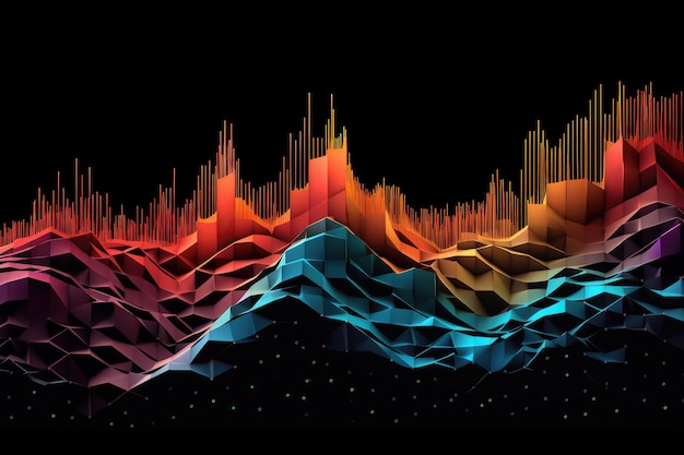 A stunning image of a vibrant mountain range set against a bold black background Bohemian style interpretation of the fluctuating stock market AI Generated