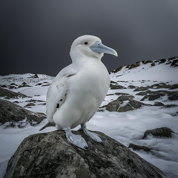 A stunning image of a white bird with captured in Antarcticaamidst falling snowflakes and a blurry