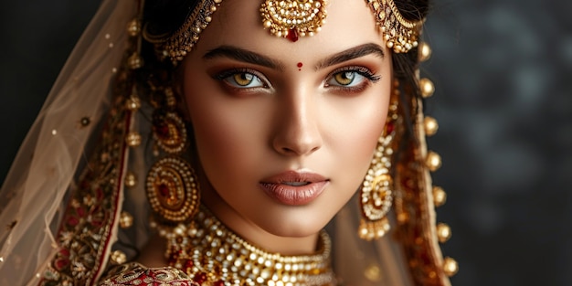 Stunning Indian lady with henna and fancy jewelry wearing traditional dress