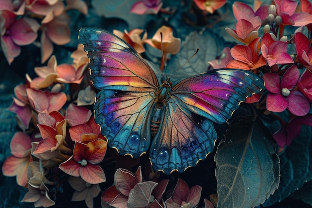 Stunning iridescent butterfly perches delicately on vibrant flowers