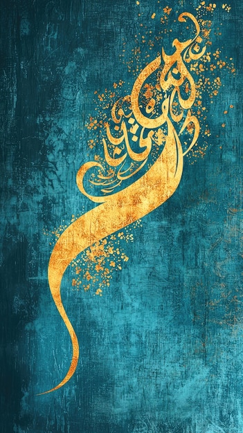 Photo a stunning islamic calligraphy art piece featuring intricate golden designs on rich teal background elegant curves and patterns evoke sense of beauty and spirituality