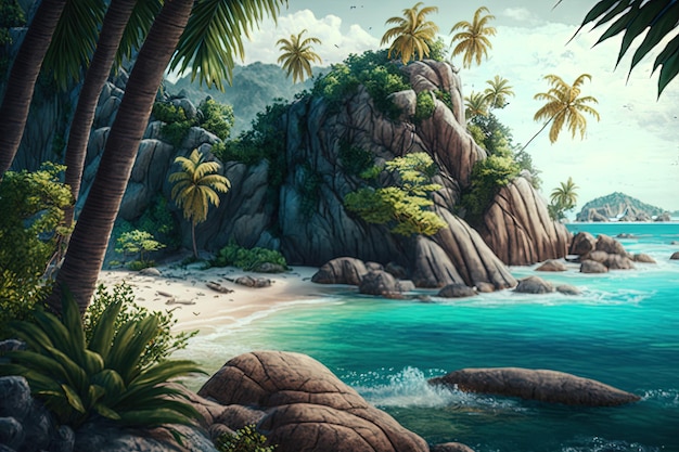 A stunning island landscape with a palm treelined beach and crystal clear water