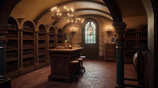 A stunning Italianatestyle wine cellar boasts a unique and inviting ambiance perfect for wine enthusiasts to showcase and indulge in their prized collection Generated by AI Keywords