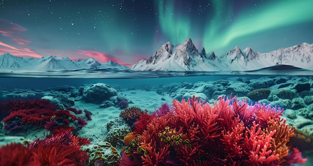 a stunning juxtaposition of a vibrant underwater scene and a majestic snowy mountain landscape