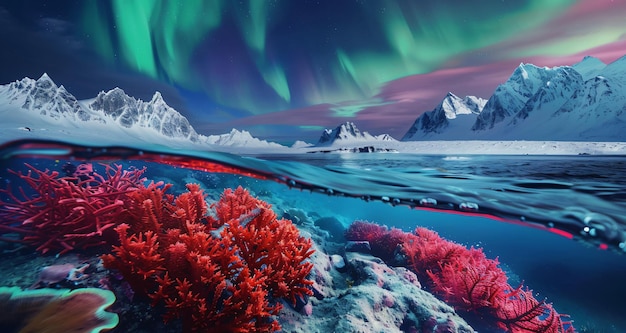 a stunning juxtaposition of a vibrant underwater scene and a majestic snowy mountain landscape