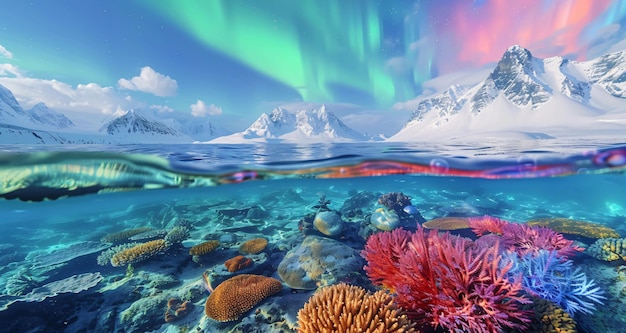 a stunning juxtaposition of a vibrant underwater scene and a majestic snowy mountain landscape