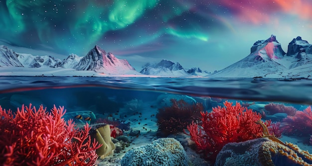 a stunning juxtaposition of a vibrant underwater scene and a majestic snowy mountain landscape