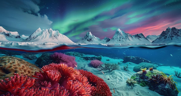 a stunning juxtaposition of a vibrant underwater scene and a majestic snowy mountain landscape