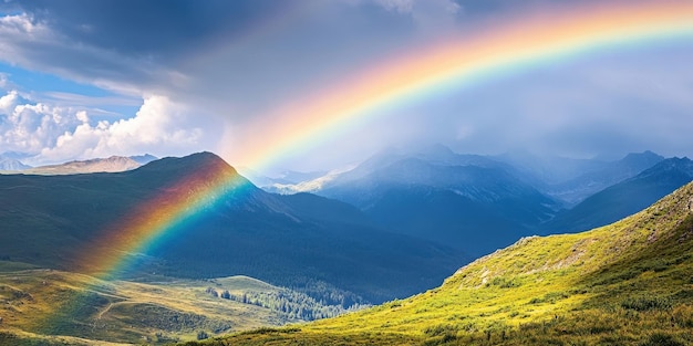 Photo a stunning landscape featuring a vibrant rainbow arching over lush green hills and majestic mountains under a dramatic sky