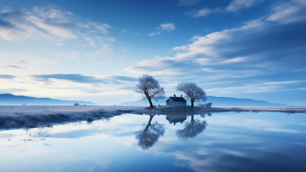 a stunning landscape photo captures the serene beauty of a lake at sunrise, with a mesmerizing water reflection. the image showcases a polar bear in its natural habitat, surrounded by ethereal trees a