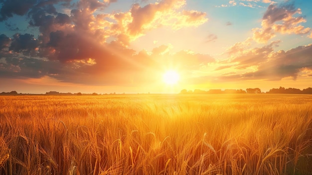 Stunning landscape with the first light of dawn illuminating a vast golden wheat field