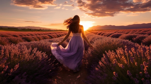 Stunning landscape woman running in a lavender field at sunset