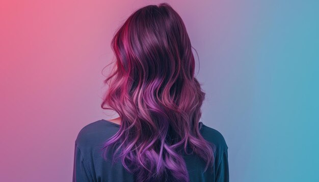 Photo stunning long hair with purple ombre color against a soft gradient background