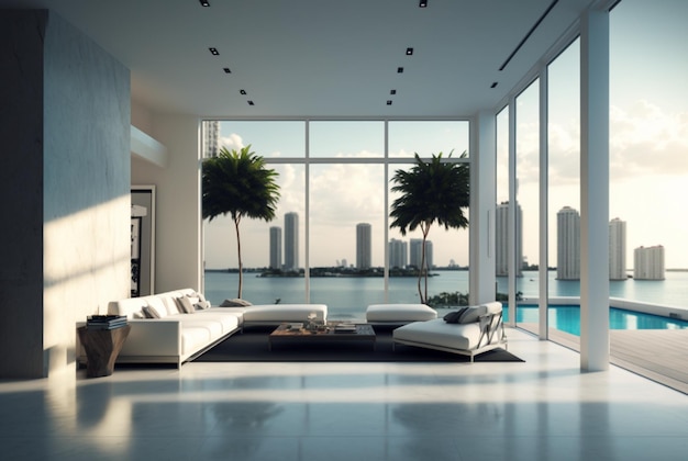 A stunning luxury condominium building stands amid the bustling city skyline boasting a luxurious swimming pool and ornate windows generative ai