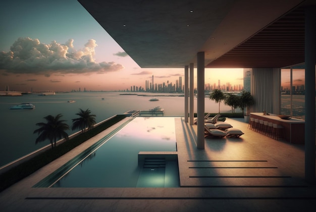 A stunning luxury condominium building stands amid the bustling city skyline boasting a luxurious swimming pool and ornate windows generative ai