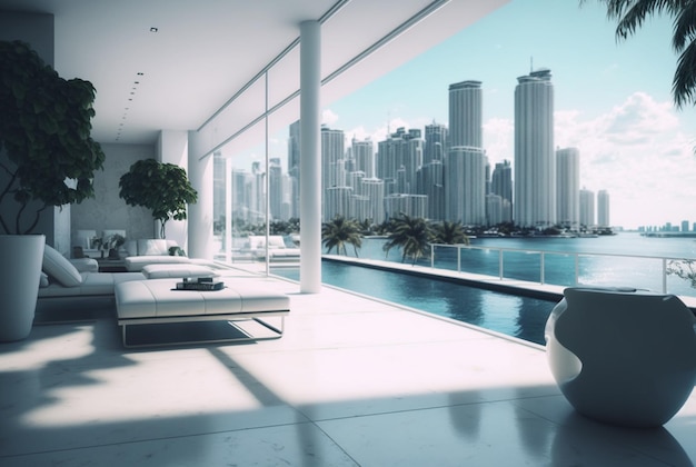 A stunning luxury condominium building stands amid the bustling city skyline boasting a luxurious swimming pool and ornate windows generative ai