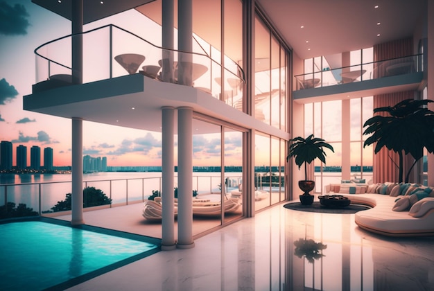 A stunning luxury condominium building stands amid the bustling city skyline boasting a luxurious swimming pool and ornate windows generative ai