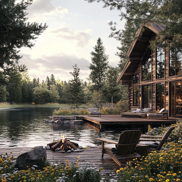 Photo stunning luxury lakeside cabin with scenic views