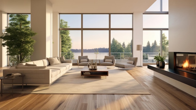 Stunning Luxury Living Room Hardwood Floors Fireplace and Expansive Windows with Scenic ViewsxA