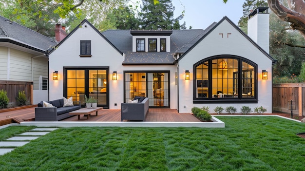 A stunning Mediterraneanstyle home showcases warm lights against a twilight sky in a serene California setting surrounded by lush greenery