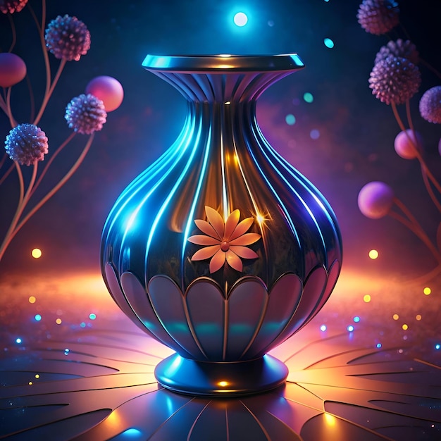 A stunning metallic blue vase with a delicate floral accent sits on a shimmering surface illuminated by warm and cool lights