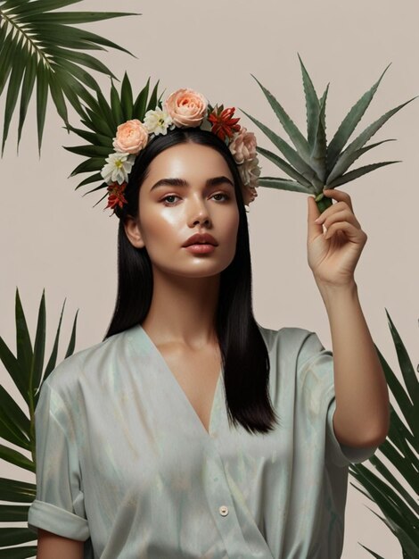 Photo a stunning minimalist image of flower crown and woman in studio for skincare beauty and relax zen